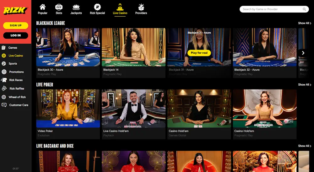 Rizk Casino Live Casino and Live Poker Screenshot